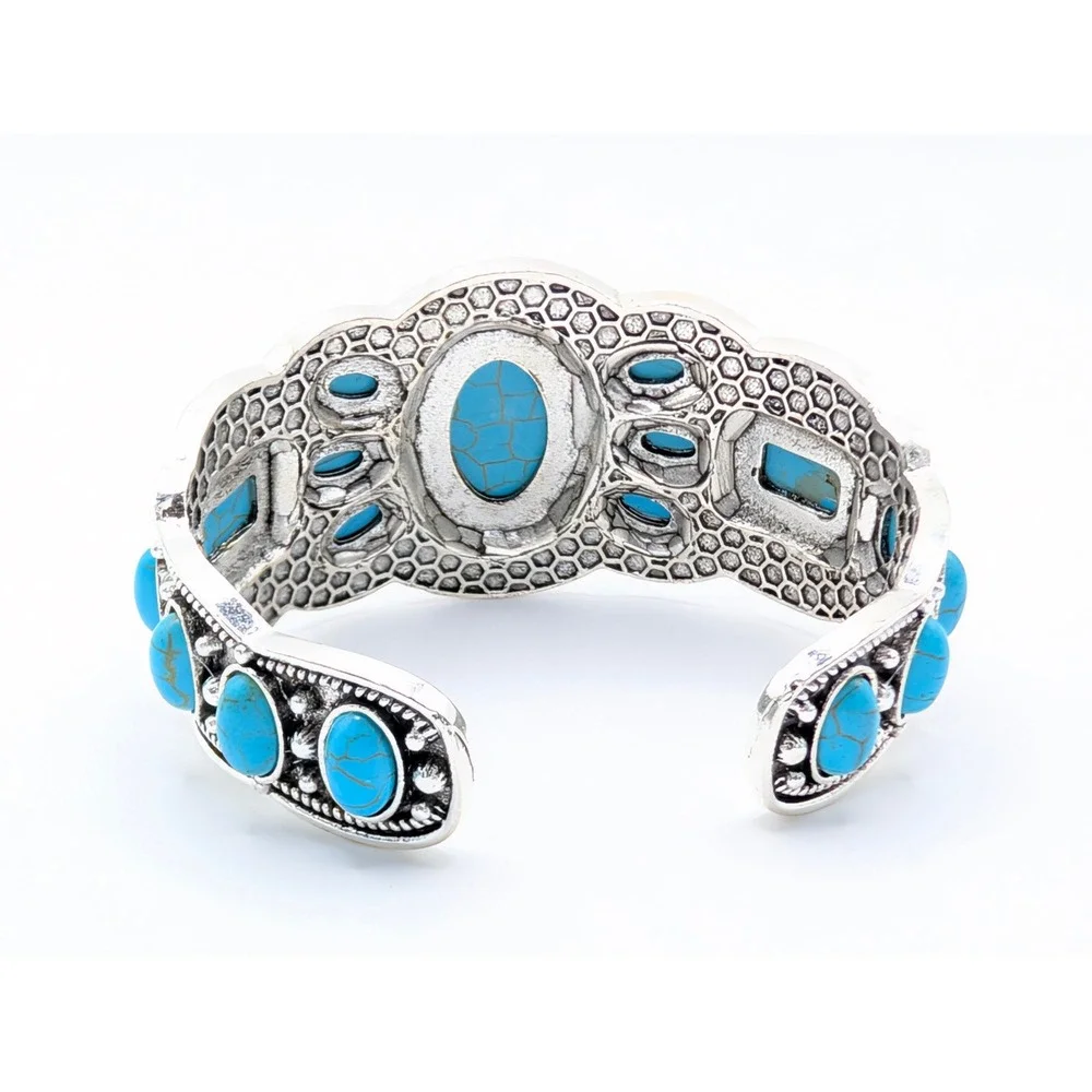 Boho Turquoise Style Cuff Bracelet Silver Tone Southwestern Statement Bangle